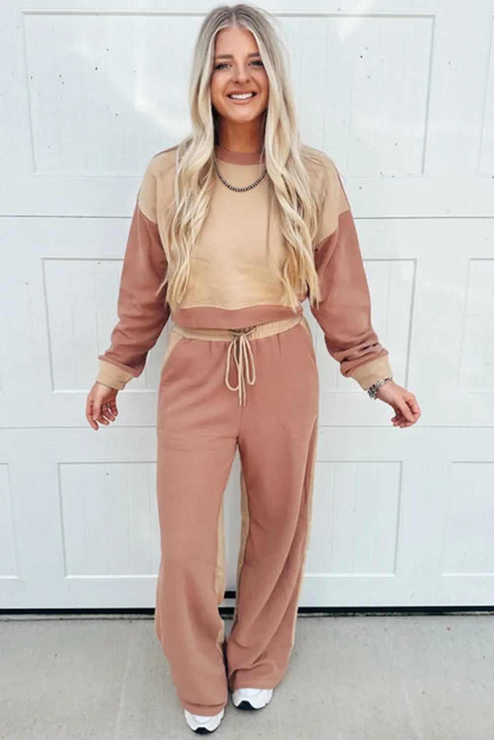 Premium Khaki Color Block Long Sleeve Crop Top Drawstring Pants Set Dear-Lover Dropshipping